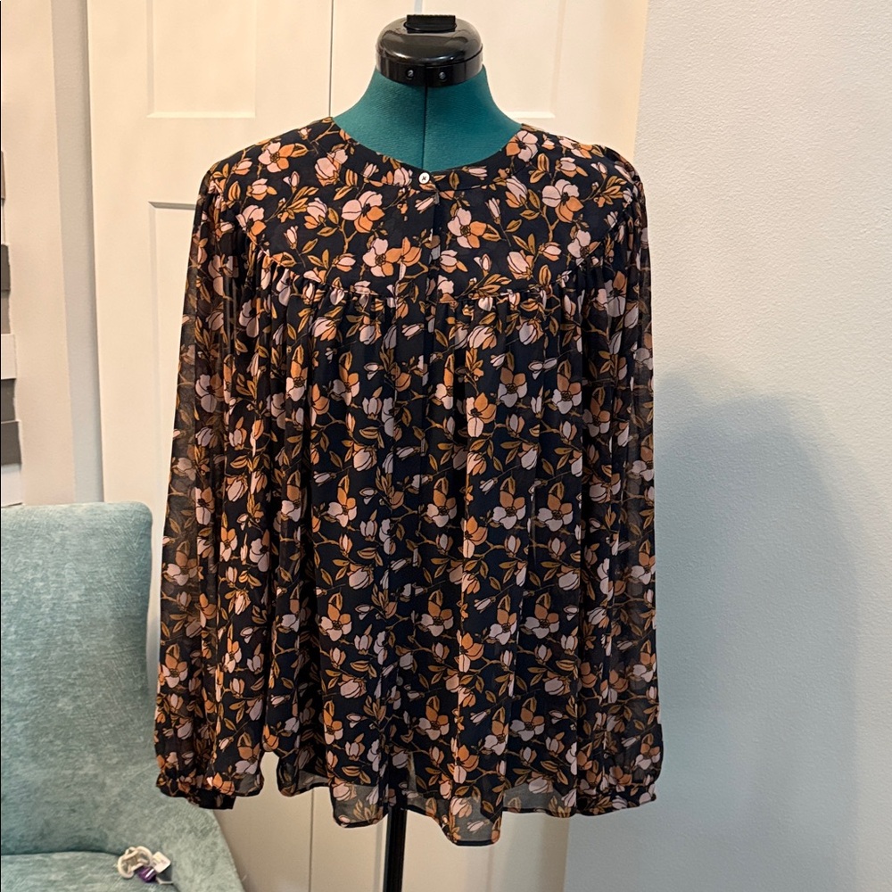 LOFT Floral Blouse with Navy and Pink Accents